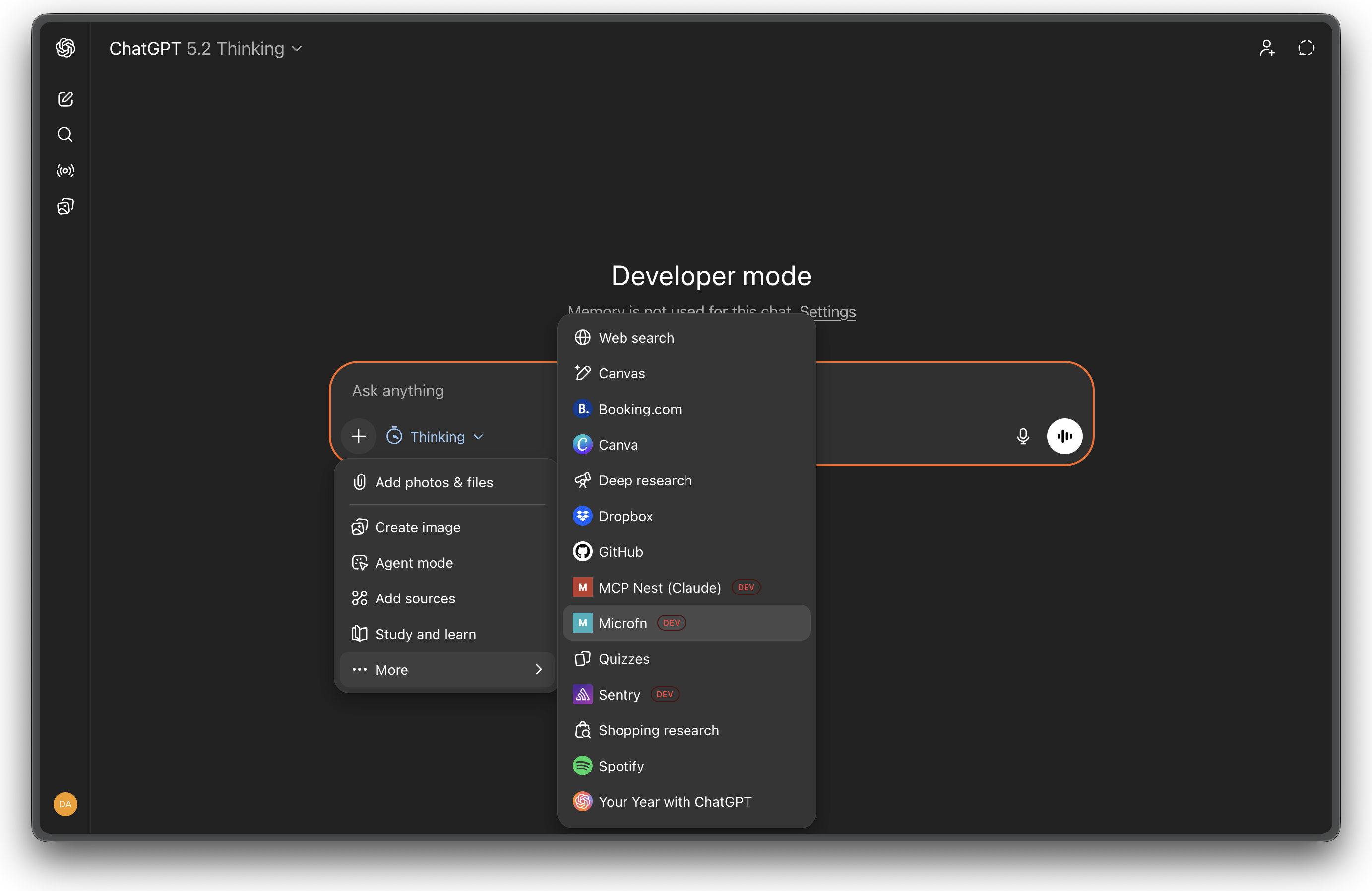 Enabling microfn in a new ChatGPT chat