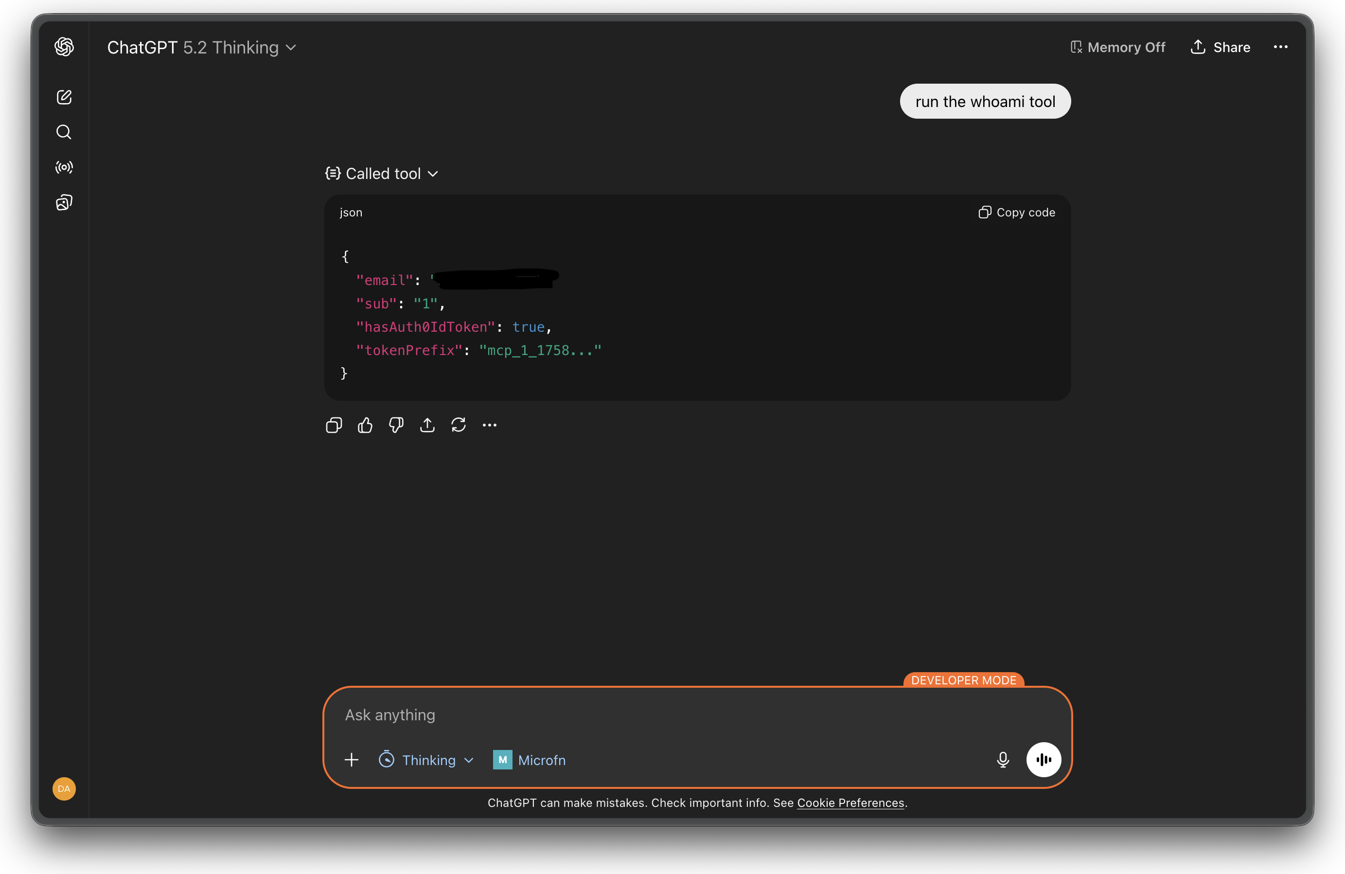 ChatGPT execution of whoami using microfn MCP