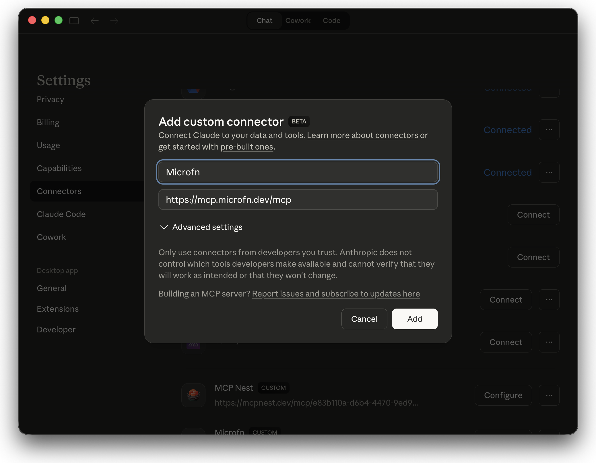 Claude Add Custom Connector dialog