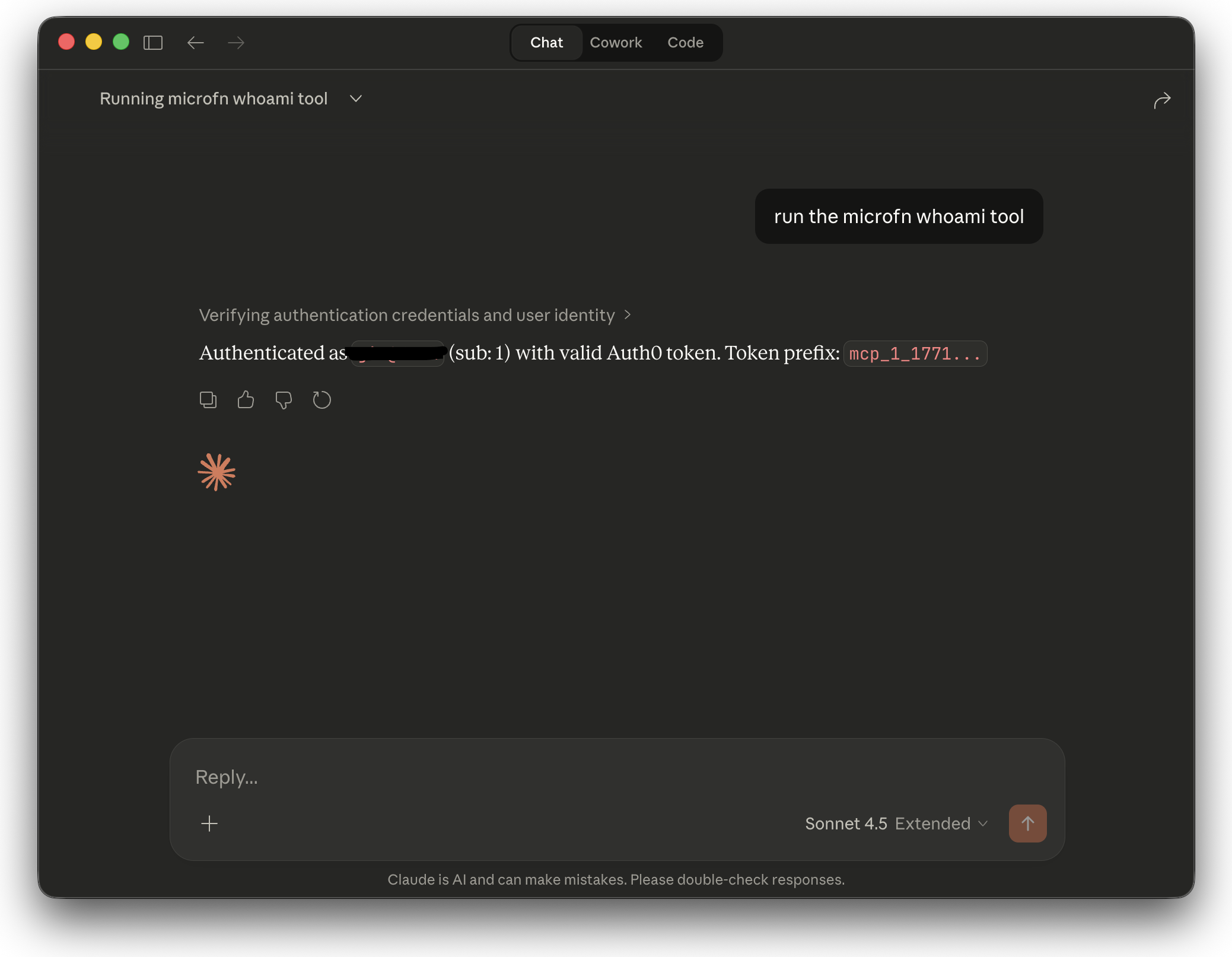 Claude execution of whoami using microfn MCP