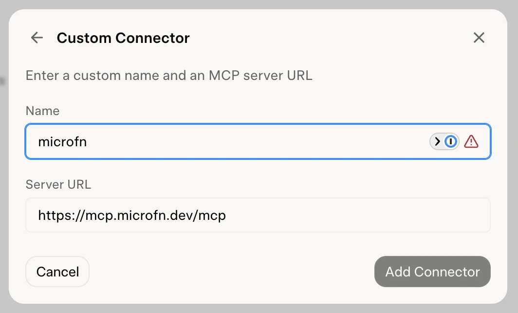 Grok's Custom Connector dialog with the Microfn MCP server URL