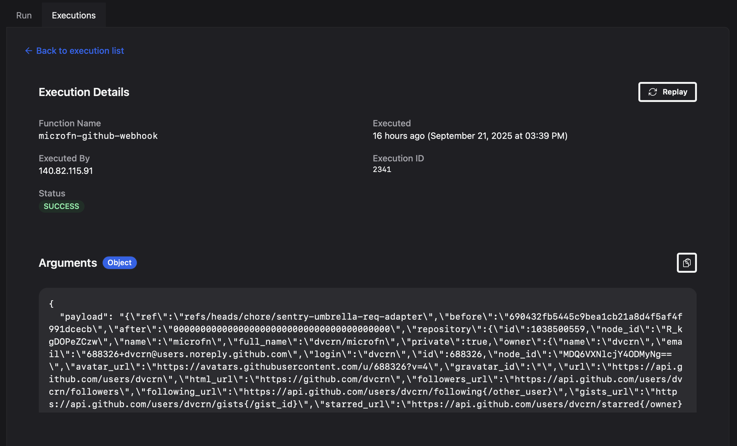 Execution detail showing the GitHub webhook payload