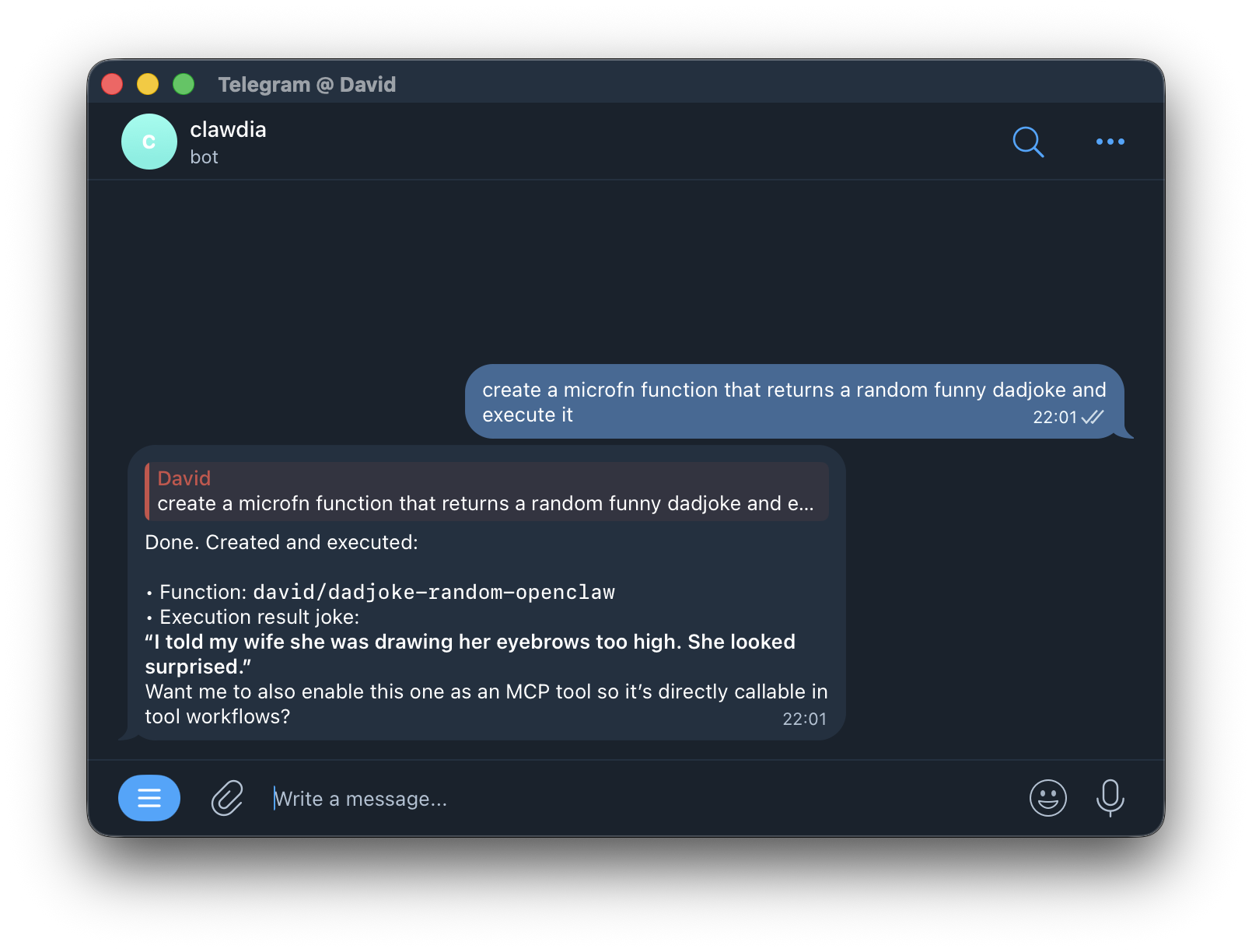 Asking OpenClaw to build a new tool using the microfn skill