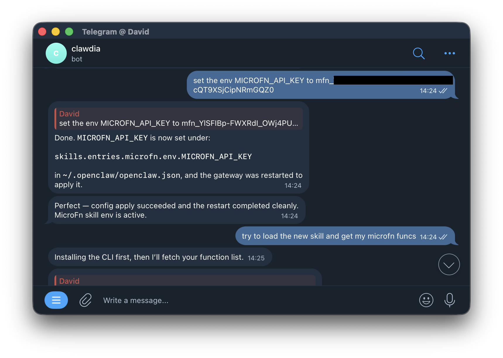 Telling OpenClaw to use the microfn API token via Telegram