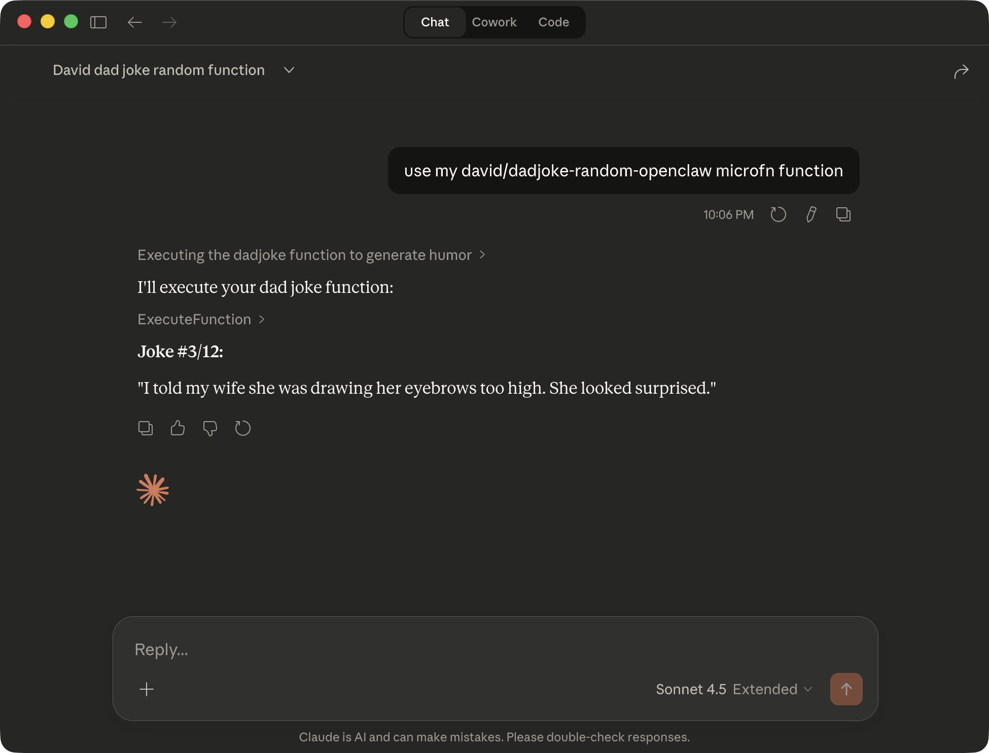 Claude executing a microfn function via MCP