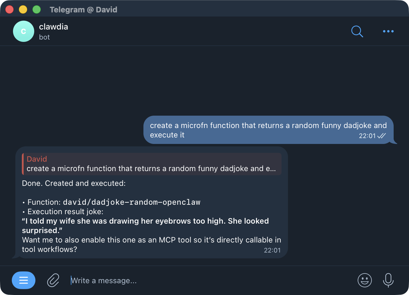 Telegram conversation with OpenClaw creating a dadjoke function